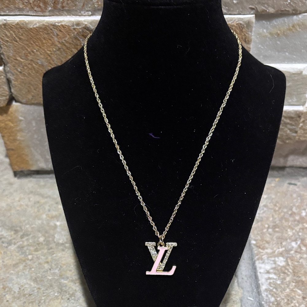 Gold and Pink & Crystal LV logo Necklace